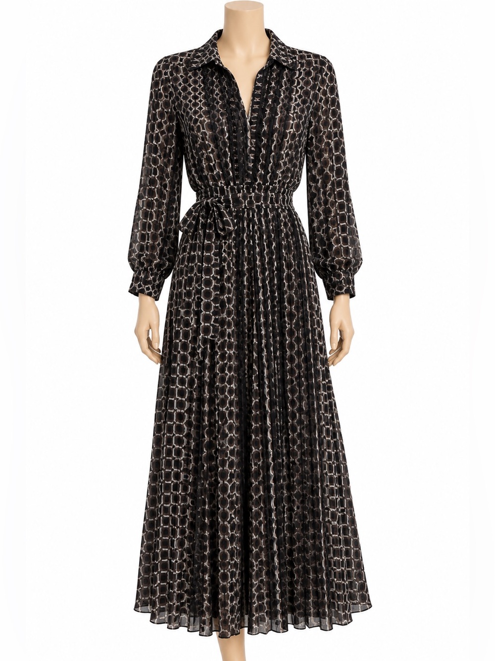 Max Studio Black Geometric Print Long-Sleeve Maxi Dress